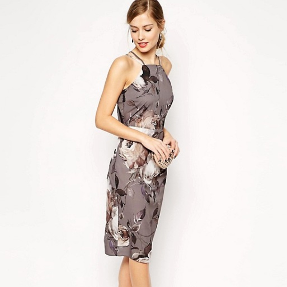 ASOS Gray Floral Drape Back Midi Dress